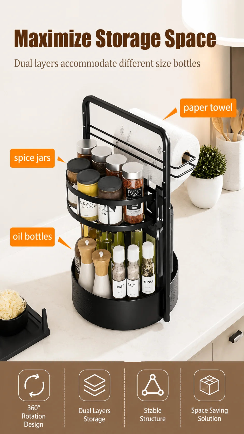 Stainless Steel Rotating Kitchen Spice Rack Organizer Paper Towel Holder