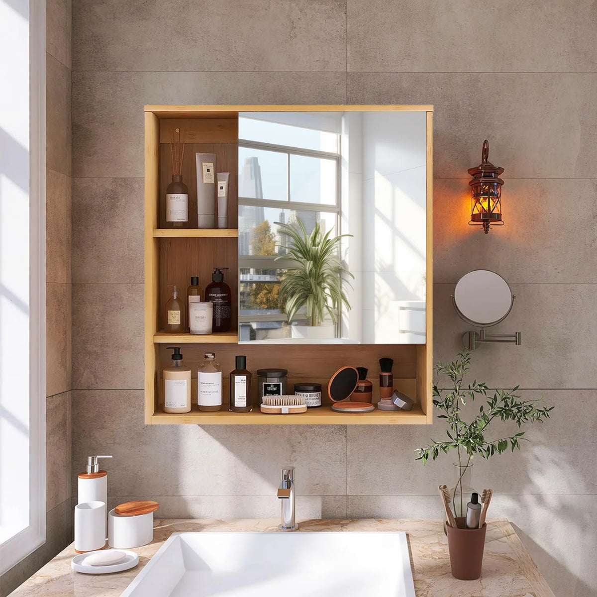 Bamboo Wall Mounted Bathroom Cabinet With Mirror And Adjustable Shelf