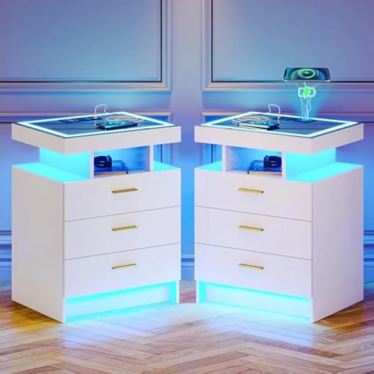 2-piece LED-equipped bedside tables featuring touchless motion-sensing illumination, triple-color adjustable lighting, tempered