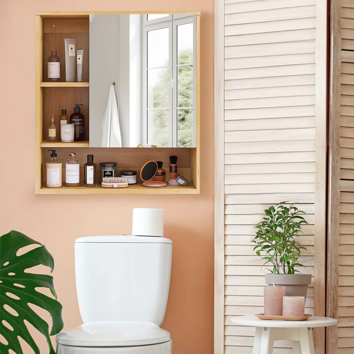 Bamboo Wall Mounted Medicine Cabinet With Mirror And Storage Shelves