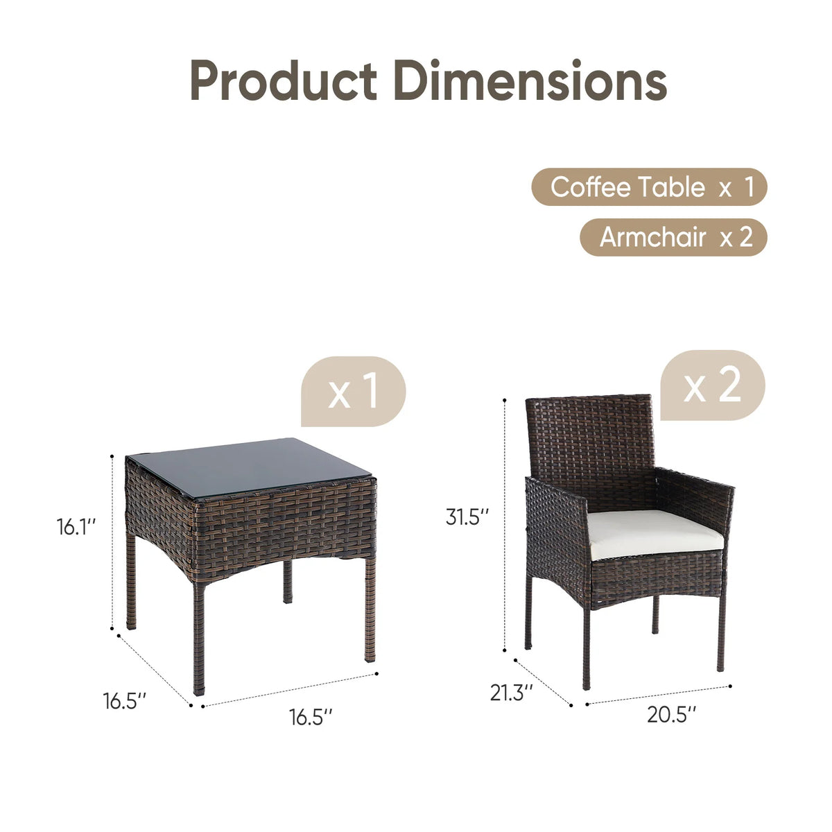 JHK Outdoor Wicker Bistro Set With Cushions And Glass Table
