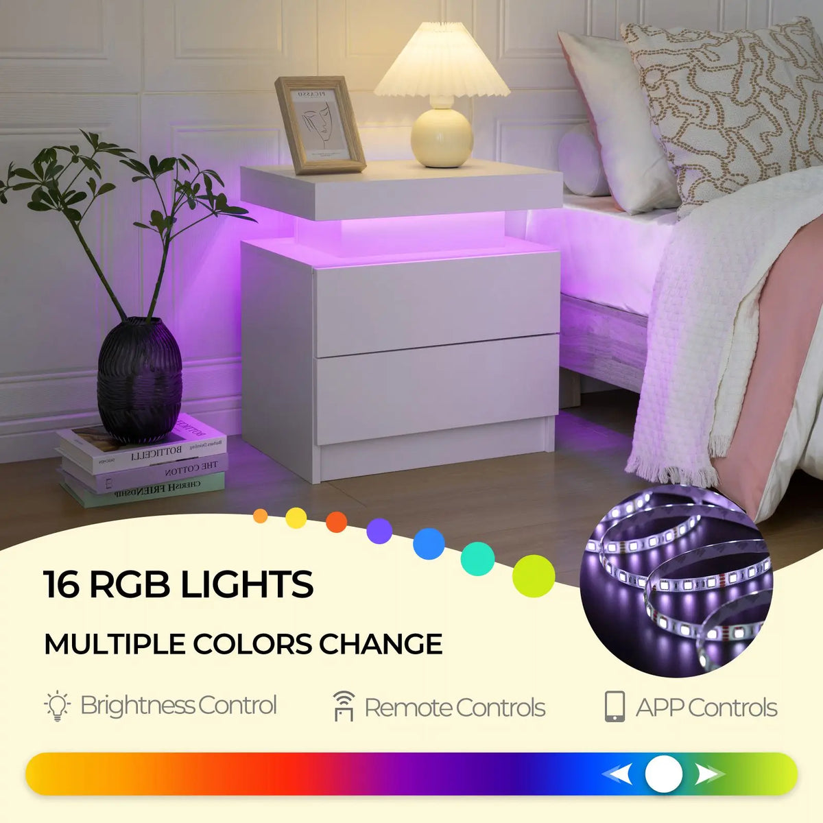 Cubehom Modern LED Nightstand With Two Drawers And RGB Lighting