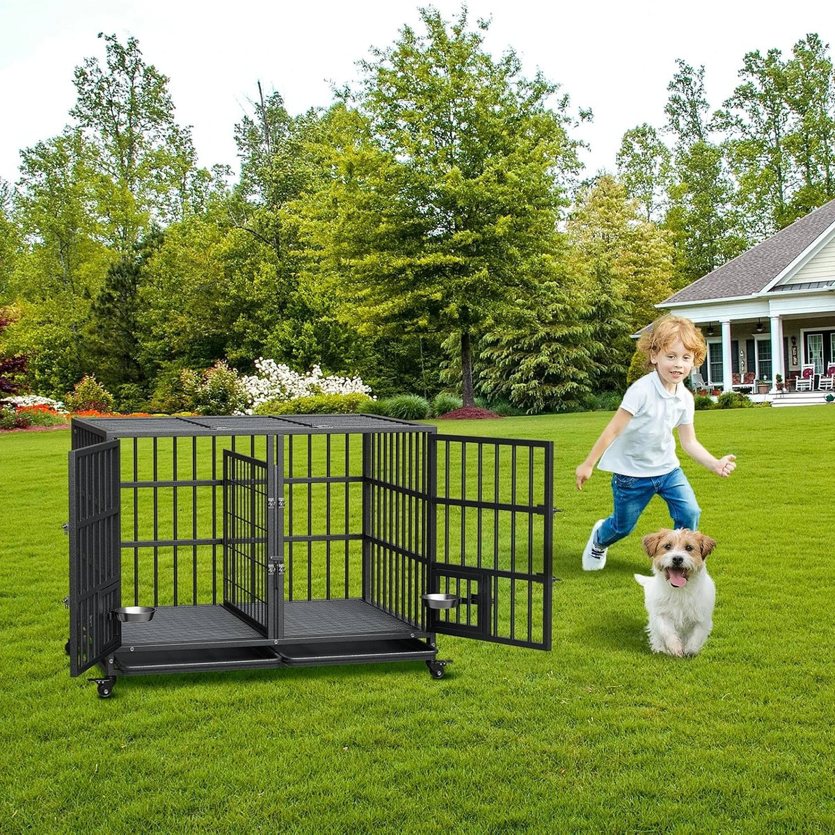 ANIXOL Heavy Duty Metal Dog Crate With Lockable Wheels