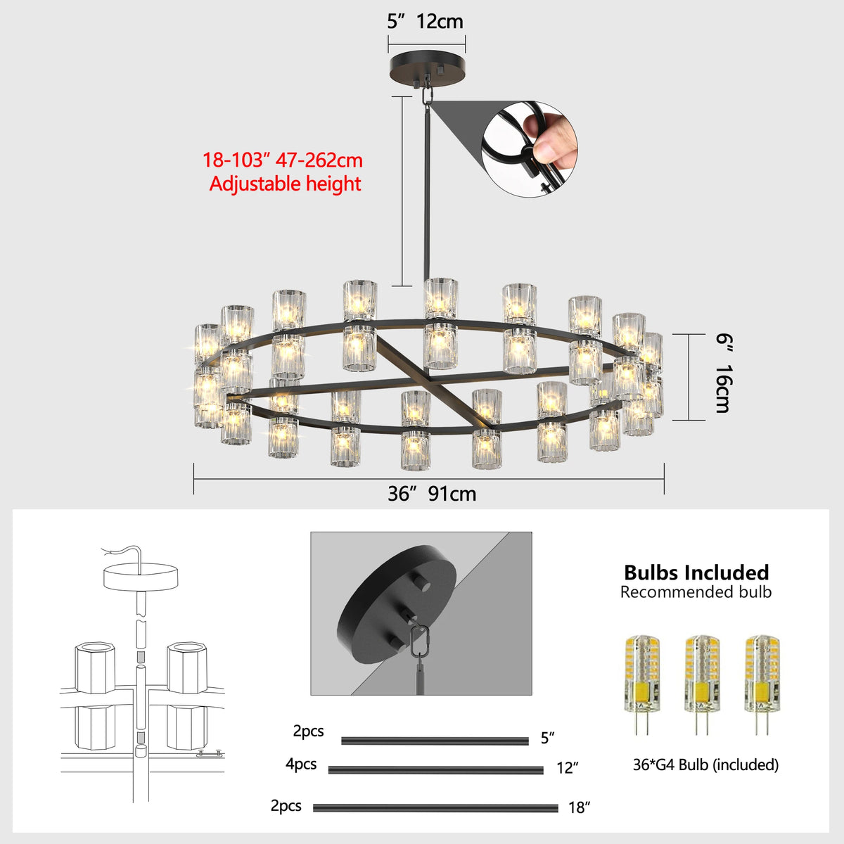 ZHIKEA Modern Crystal Pendant Light LED Ceiling Fixture