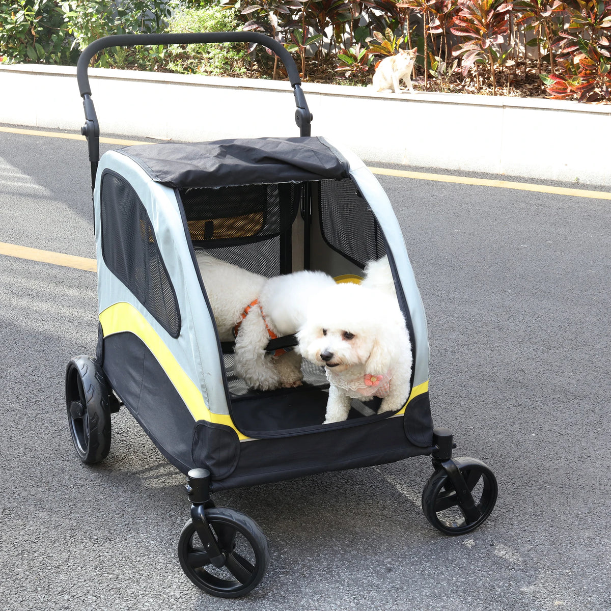 Folding Double Dog Stroller With Zipper Divider And Travel Wheels