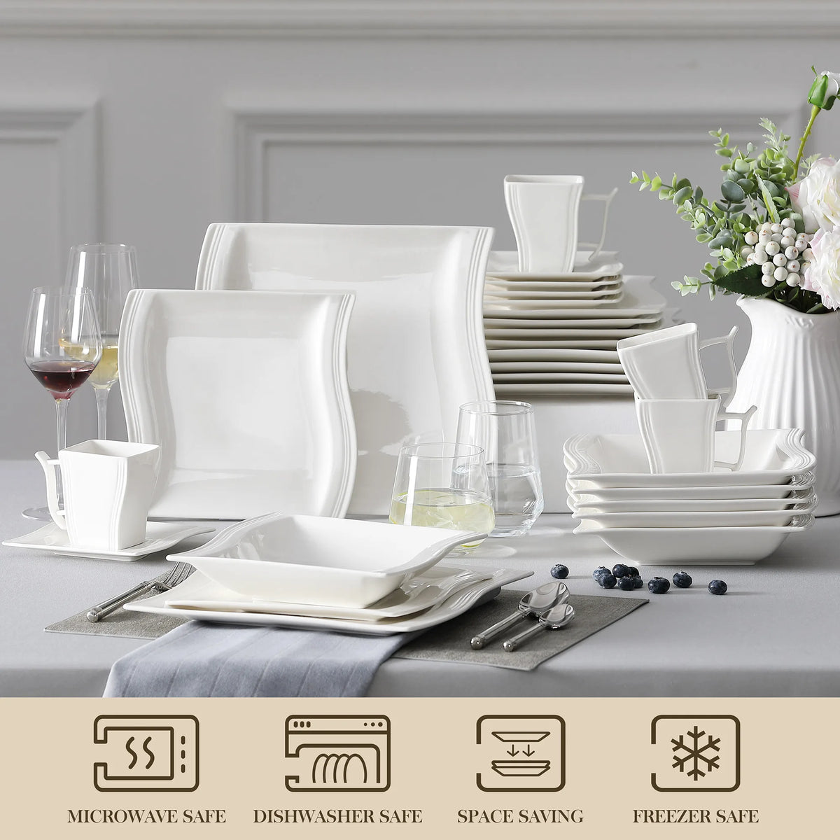 MALACASA Porcelain Dinnerware Set With Cups And Plates For Dining:VEVENT