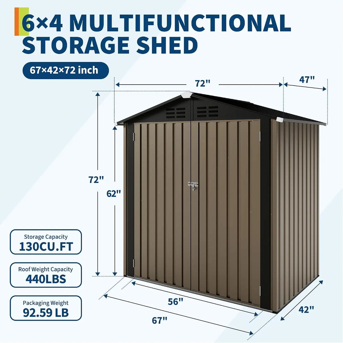 6x4 FT Outdoor Metal Storage Shed Waterproof Galvanized Steel Garden Shed with Lockable Hinged Door Ventilation Holes Reinforced Frame Backyard Tool Storage House for Lawn Equipment