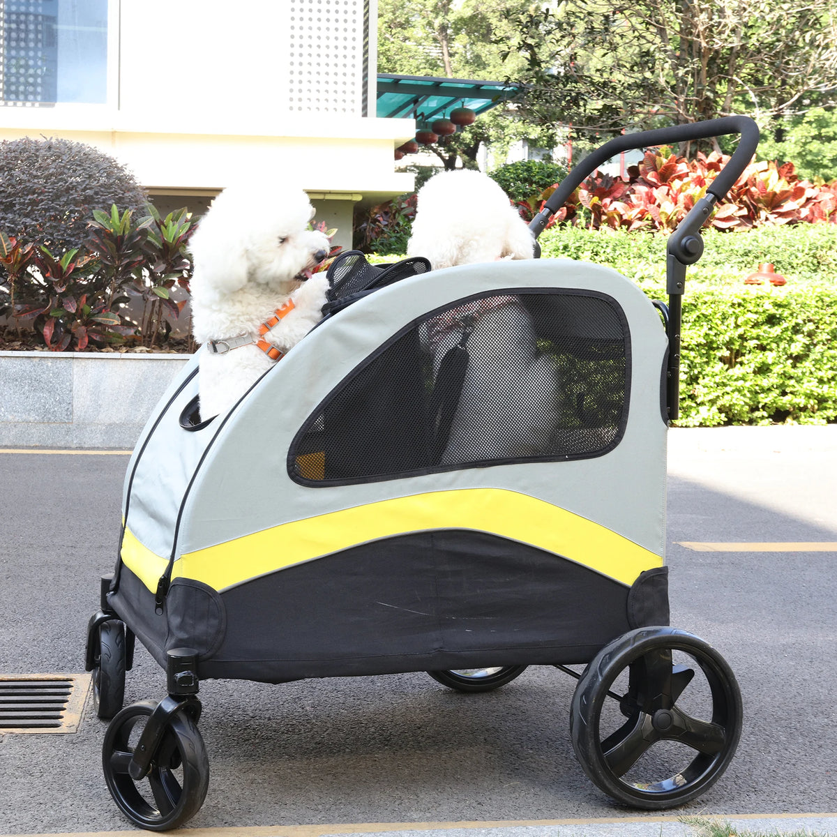 Folding Double Dog Stroller With Zipper Divider And Travel Wheels