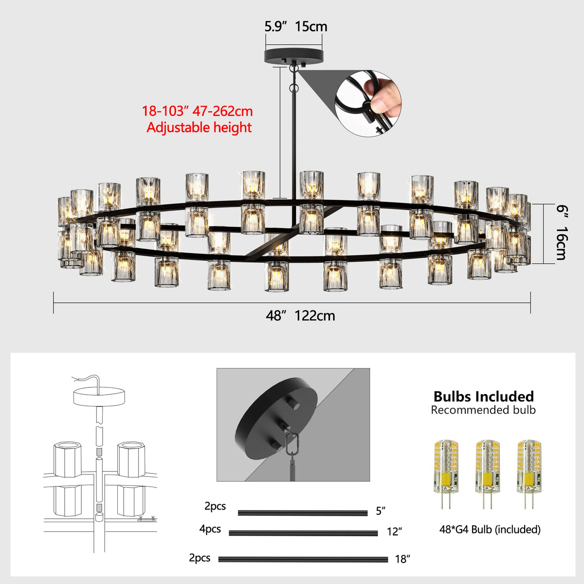 ZHIKEA Modern Crystal Pendant Light LED Ceiling Fixture