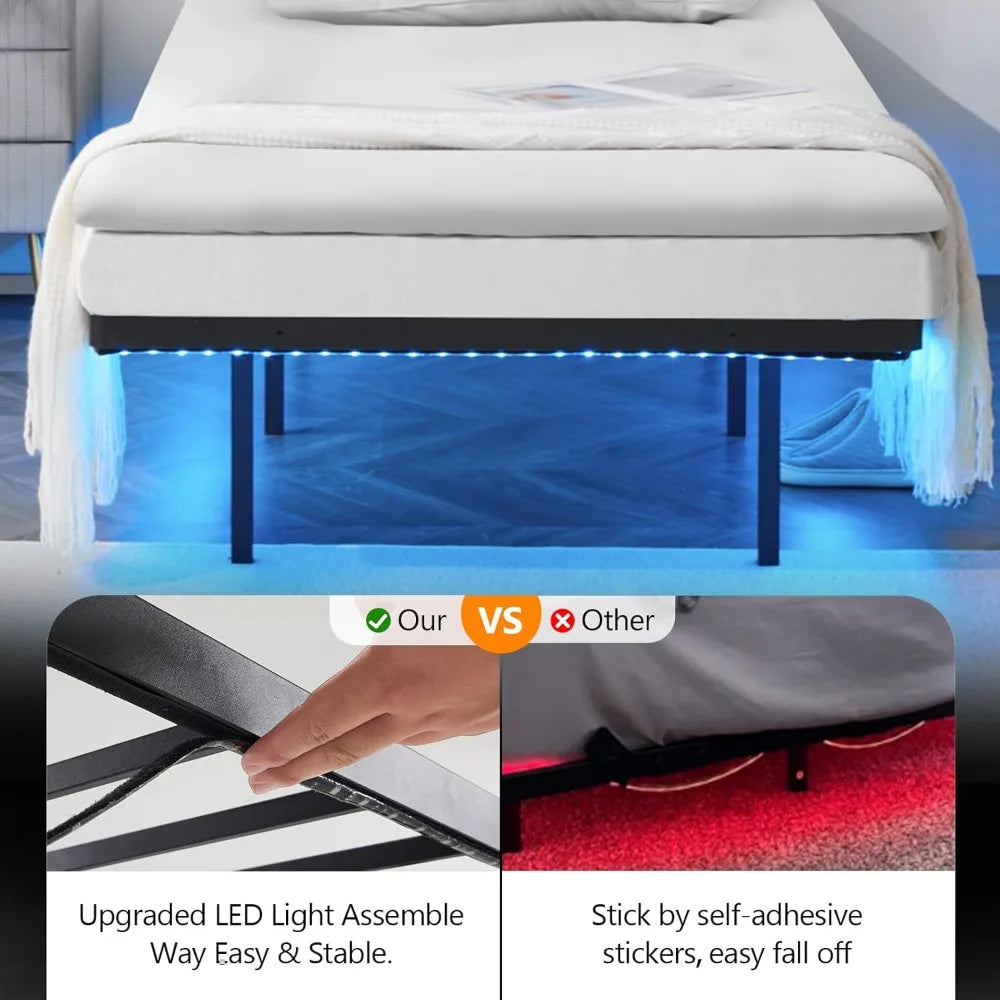14 Inch Twin Floating Bed Frame with USB Charging Station/LED Lights, Single Platform Bed Foudation Base, Customized