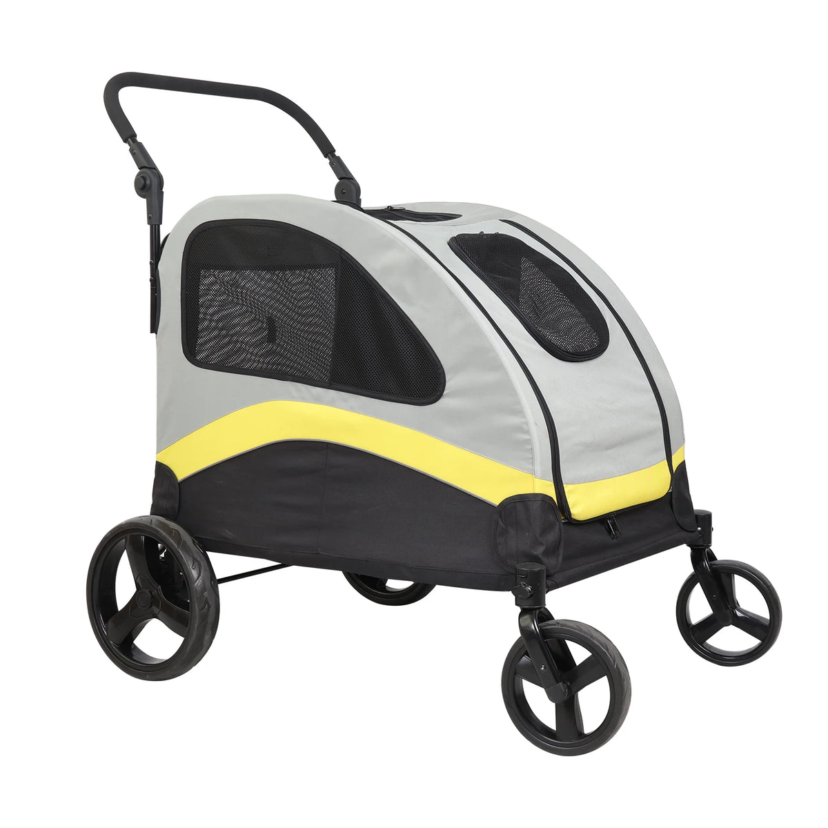 Folding Double Dog Stroller With Zipper Divider And Travel Wheels