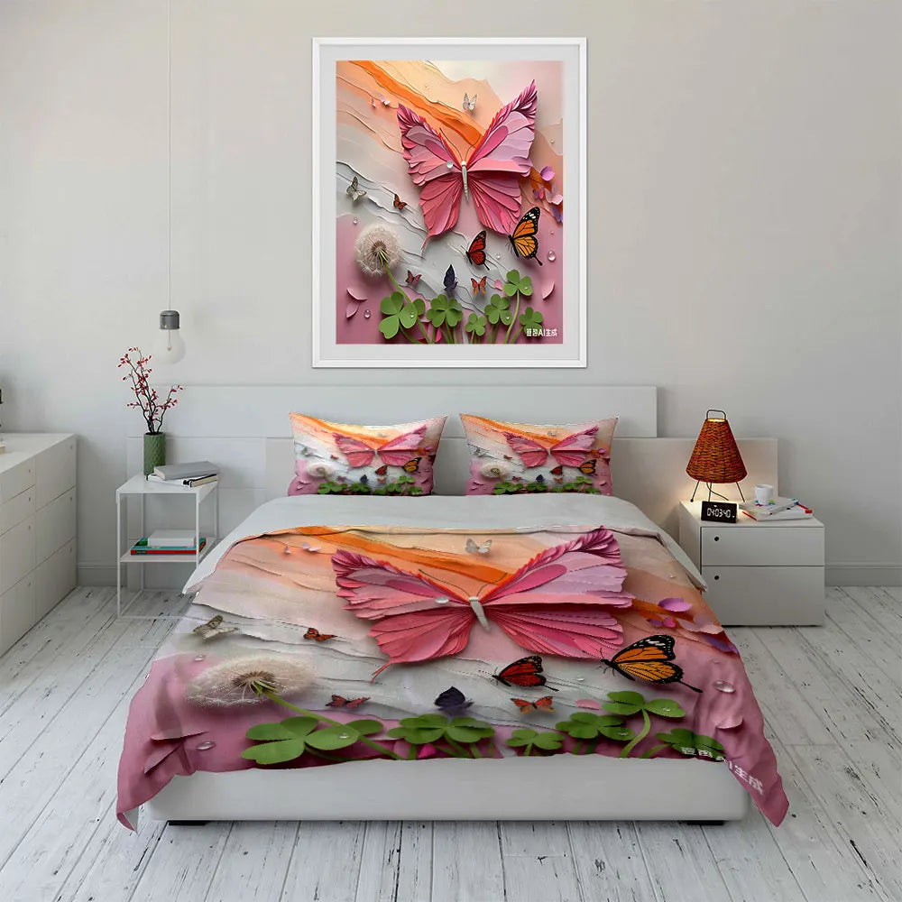 Pink Butterfly Themed Three-Piece Decoration Set kid's and adults' bedroom decor, Exquisite three-piece bedding set gift