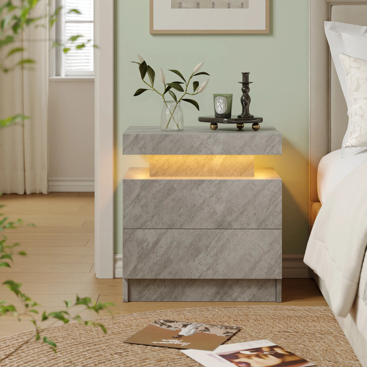 Cubehom Modern LED Nightstand With Two Drawers And RGB Lighting