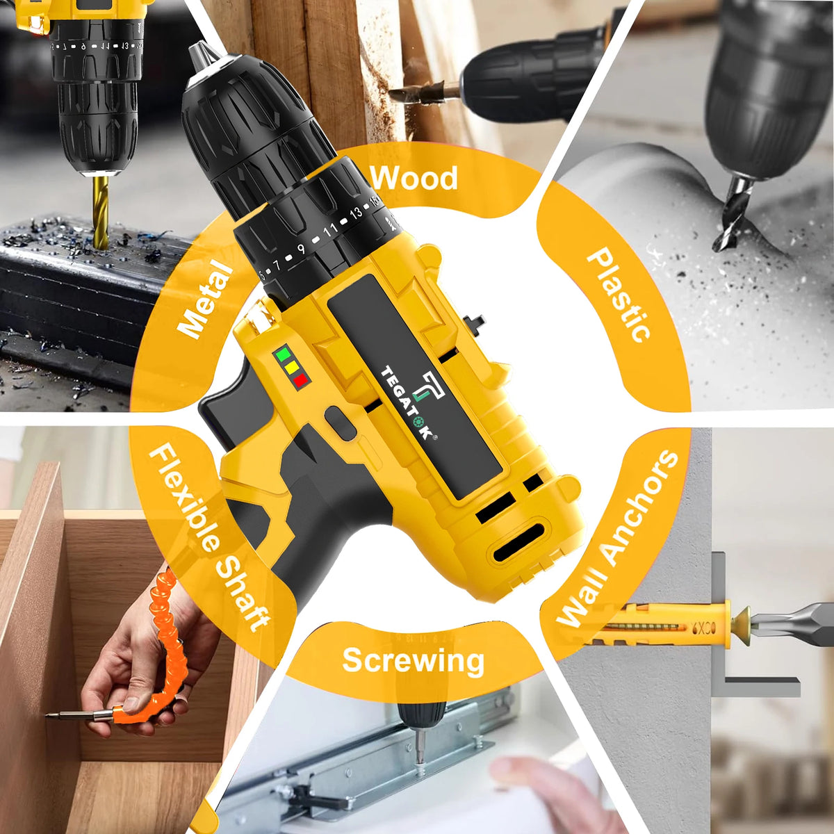 TEGATOK 45Nm Cordless Impact Drill With LED Two Speed Control