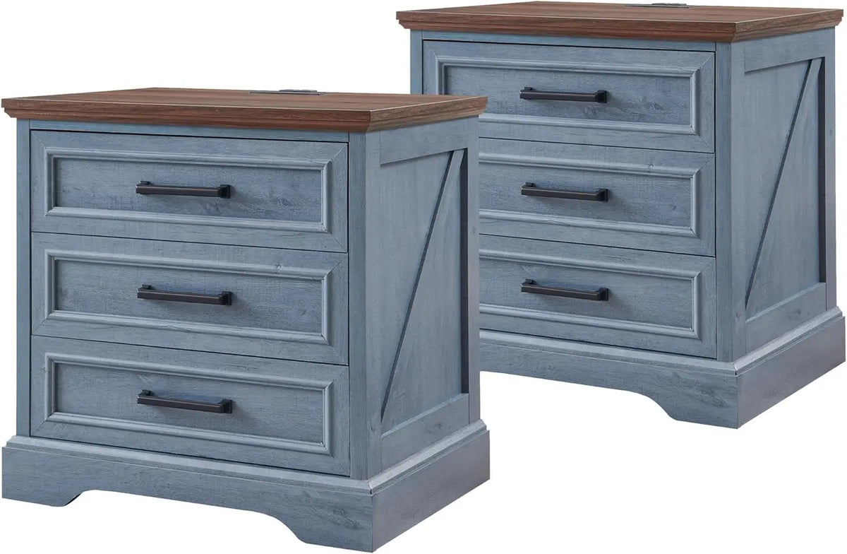 ACCOHOHO Farmhouse Nightstand With Charging Station And Storage Drawers