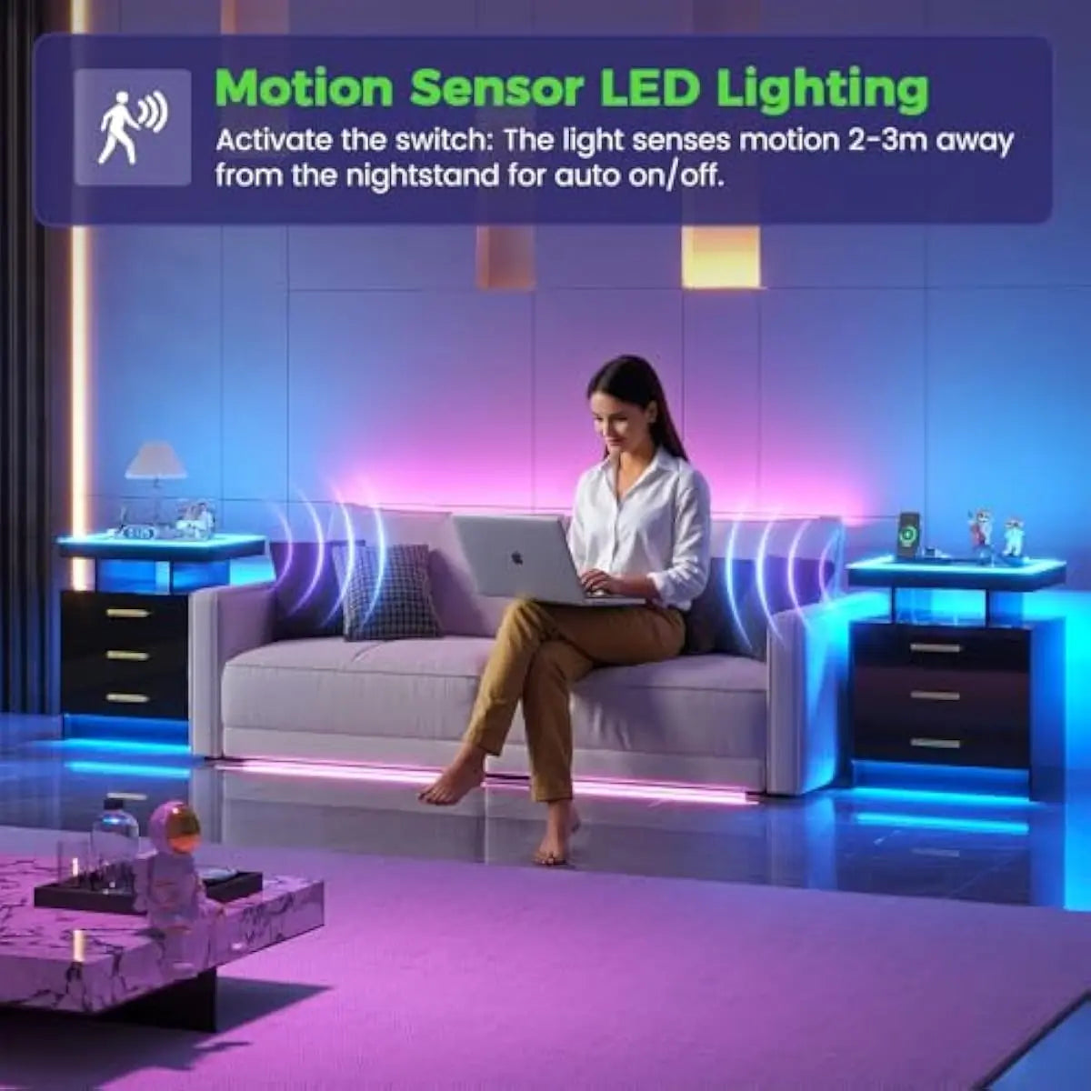 3-drawer LED nightstand set with motion-sensor lighting, wireless charging, USB-C ports, tempered glass top, MDF frame, minimali