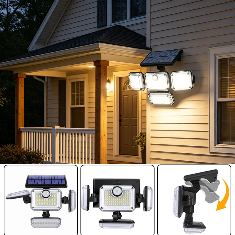 5000LM Outdoor Motion Sensor Lamp 333 LED IP65 Waterproof 4-Head Solar Power Light Flood Lights 270° Lighting Range Outdoor Indoor Solar Garden Lamp With Adjustable Head Wide Lighting