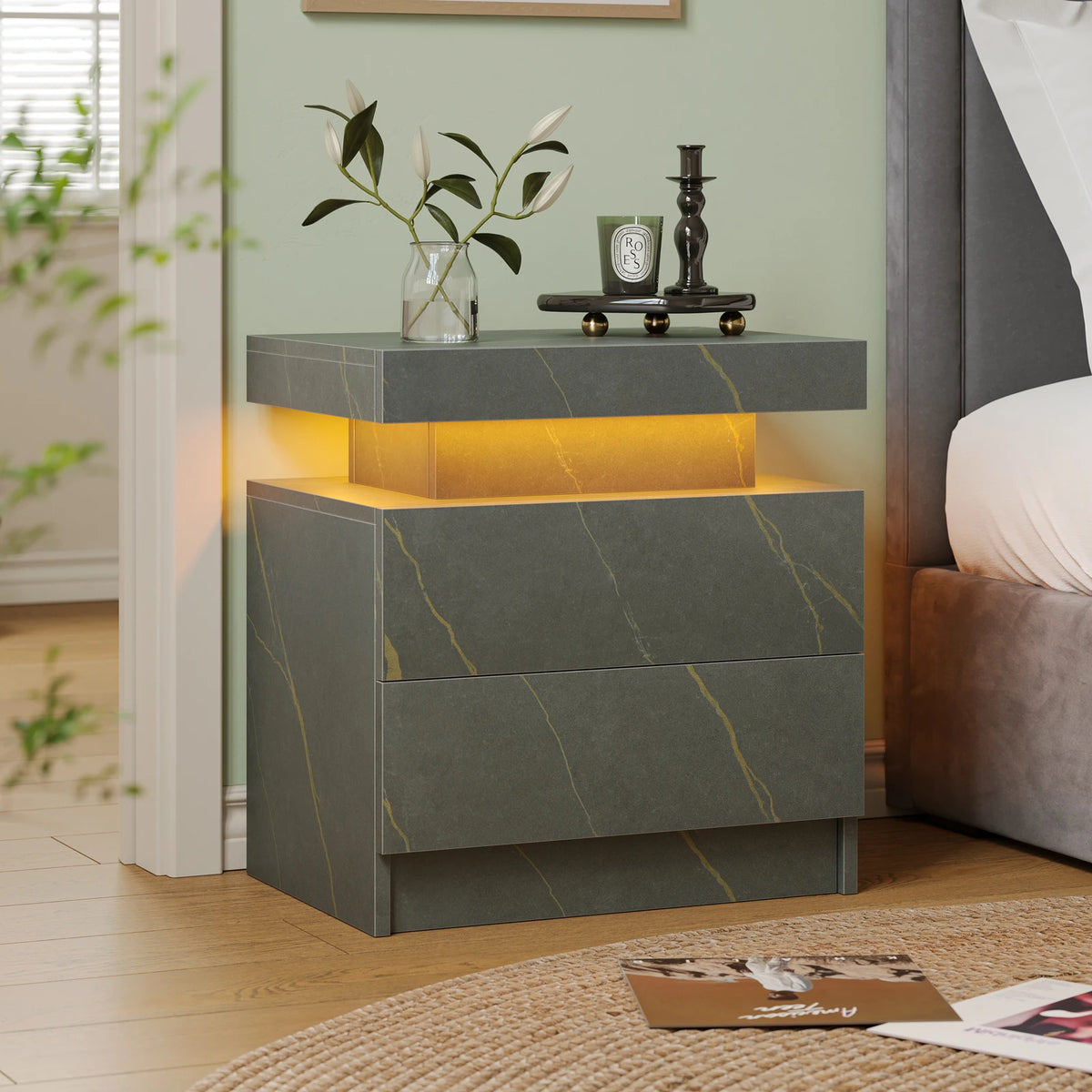 Cubehom Modern LED Nightstand With Two Drawers And RGB Lighting