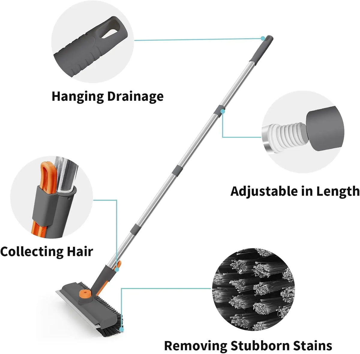 Rotating Floor Scrub Brush with Long Handle and Squeegee