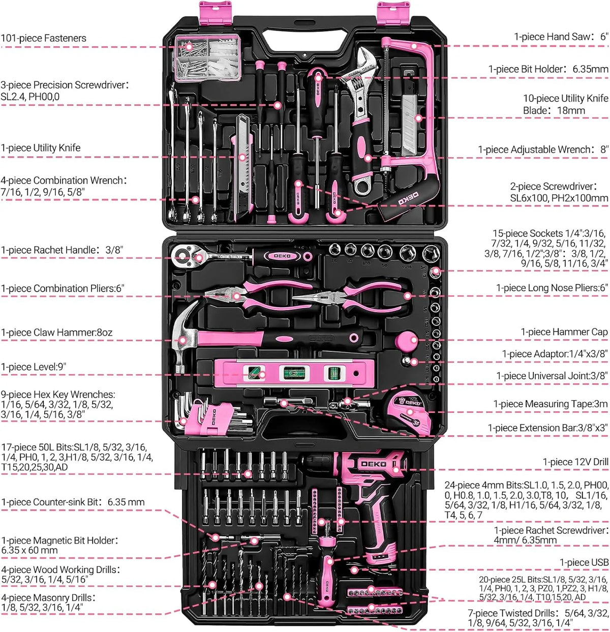 DEKO Cordless Drill and Home Repair Tool Kit With Storage