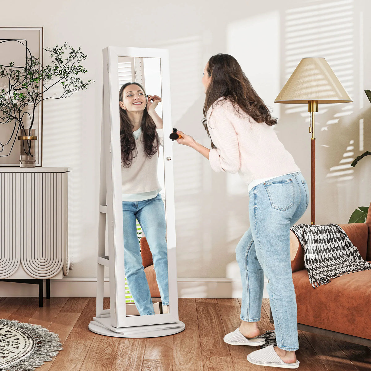 HOMCOM Swivel Jewelry Cabinet With Lockable Full Length Mirror
