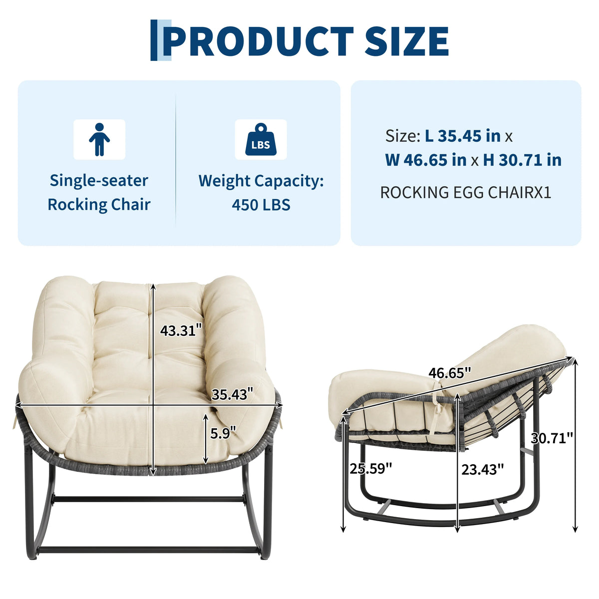 All Weather Outdoor Egg Shaped Wicker Rocking Chair With Cushion
