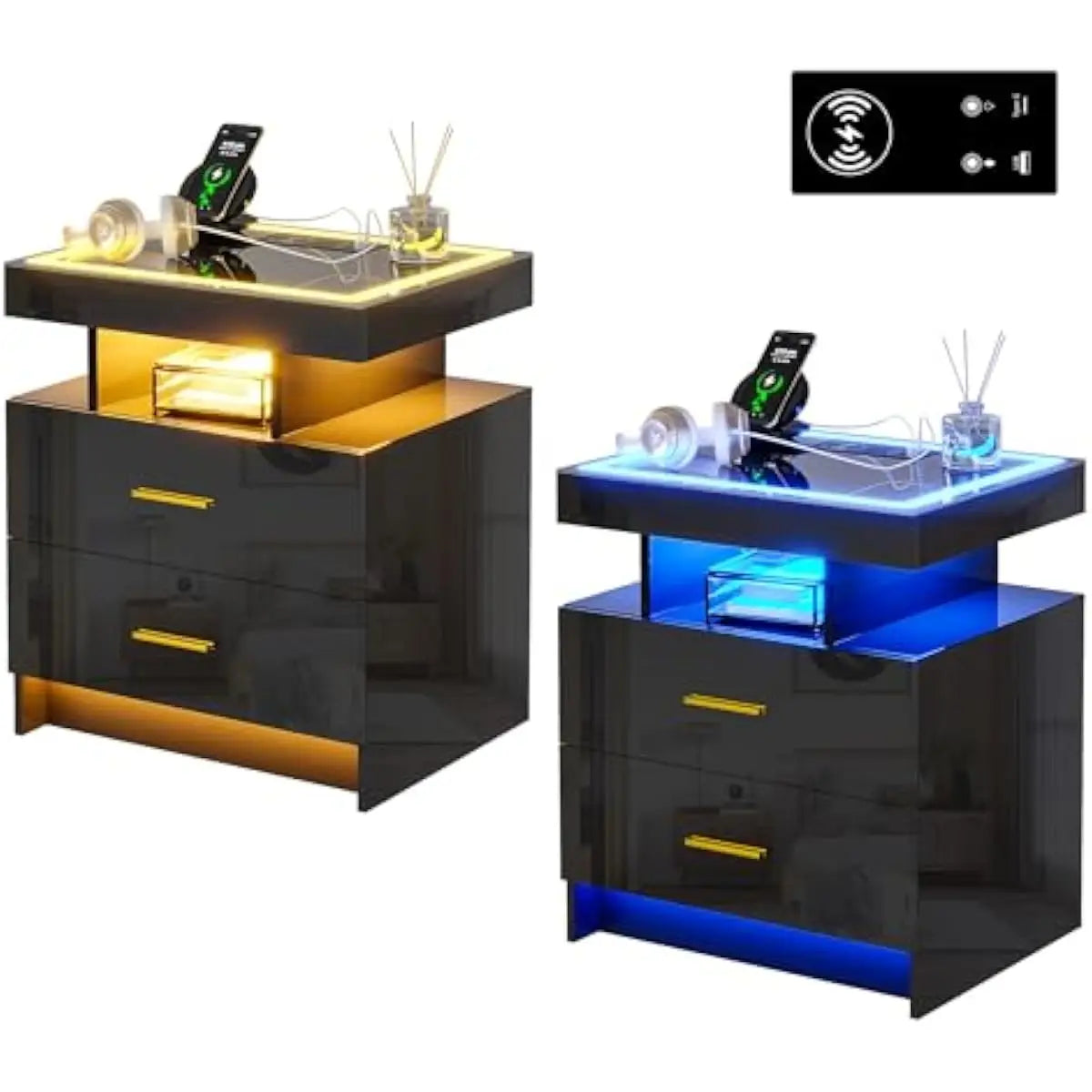 3-drawer LED nightstand set with motion-sensor lighting, wireless charging, USB-C ports, tempered glass top, MDF frame, minimali