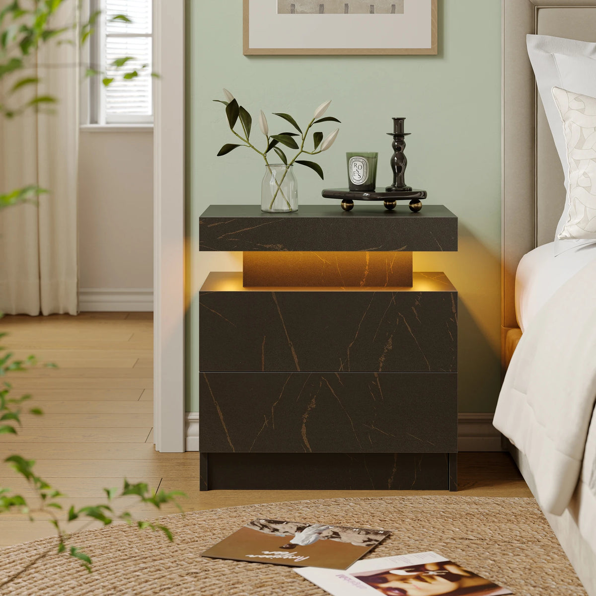 Cubehom Modern LED Nightstand With Two Drawers And RGB Lighting