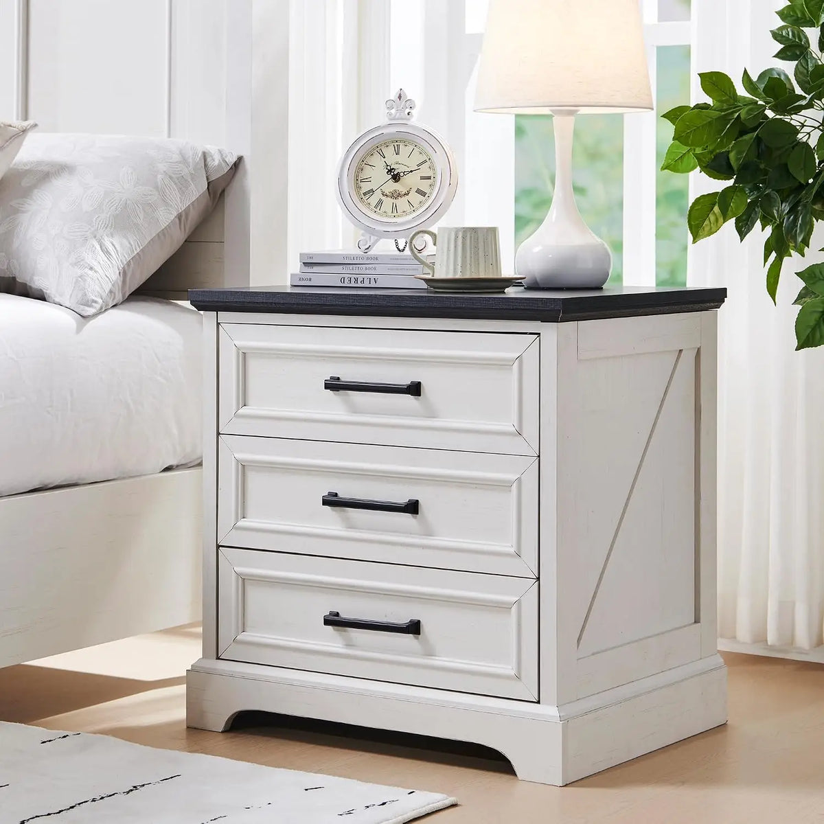ACCOHOHO Farmhouse Nightstand With Charging Station And Storage Drawers