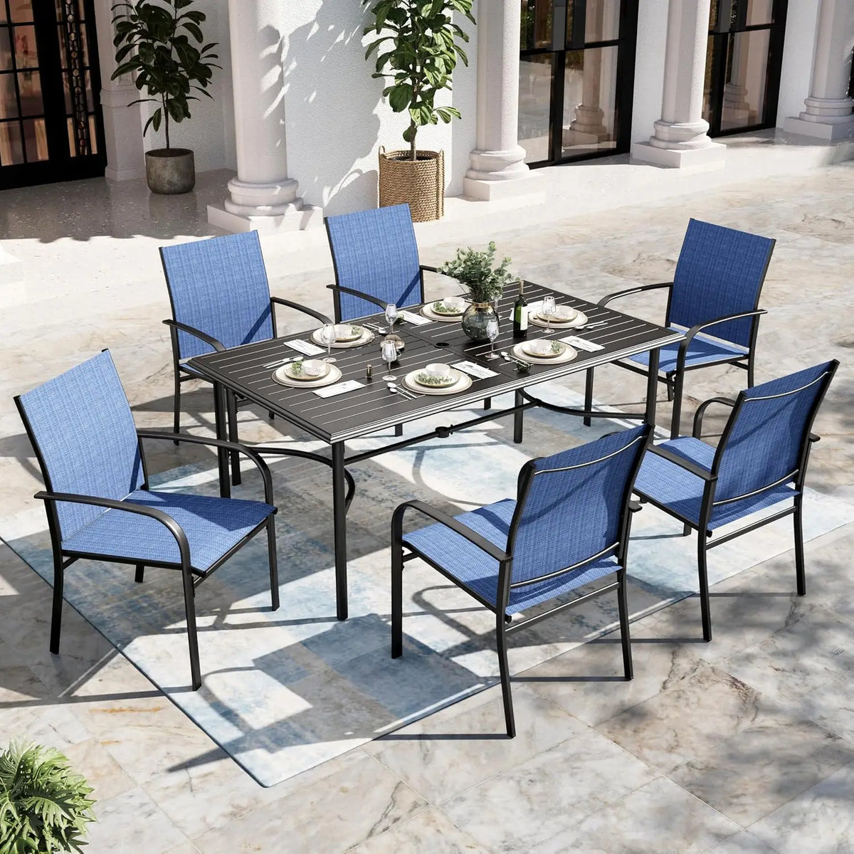 Patio Dining Set With Metal Table And Six Outdoor Chairs