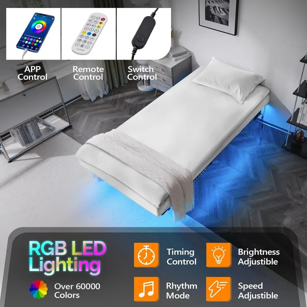 14 Inch Twin Floating Bed Frame with USB Charging Station/LED Lights, Single Platform Bed Foudation Base, Customized