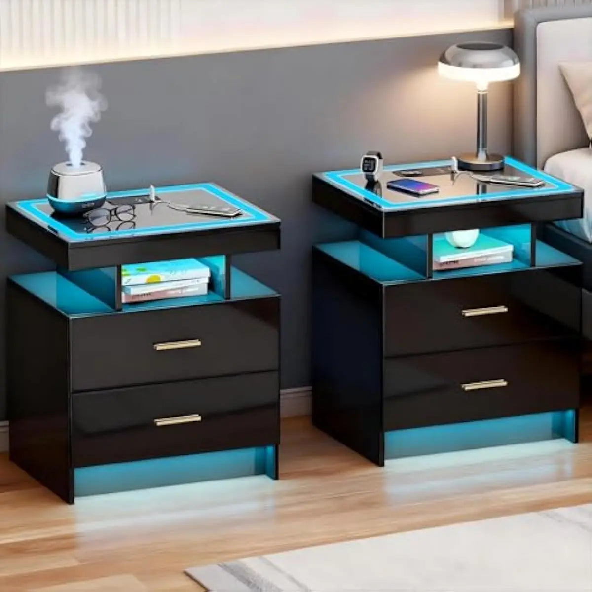 2-piece LED-equipped bedside tables featuring touchless motion-sensing illumination, triple-color adjustable lighting, tempered