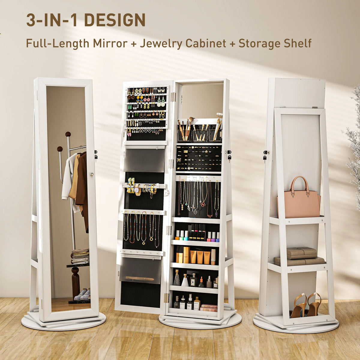 HOMCOM Swivel Jewelry Cabinet With Lockable Full Length Mirror