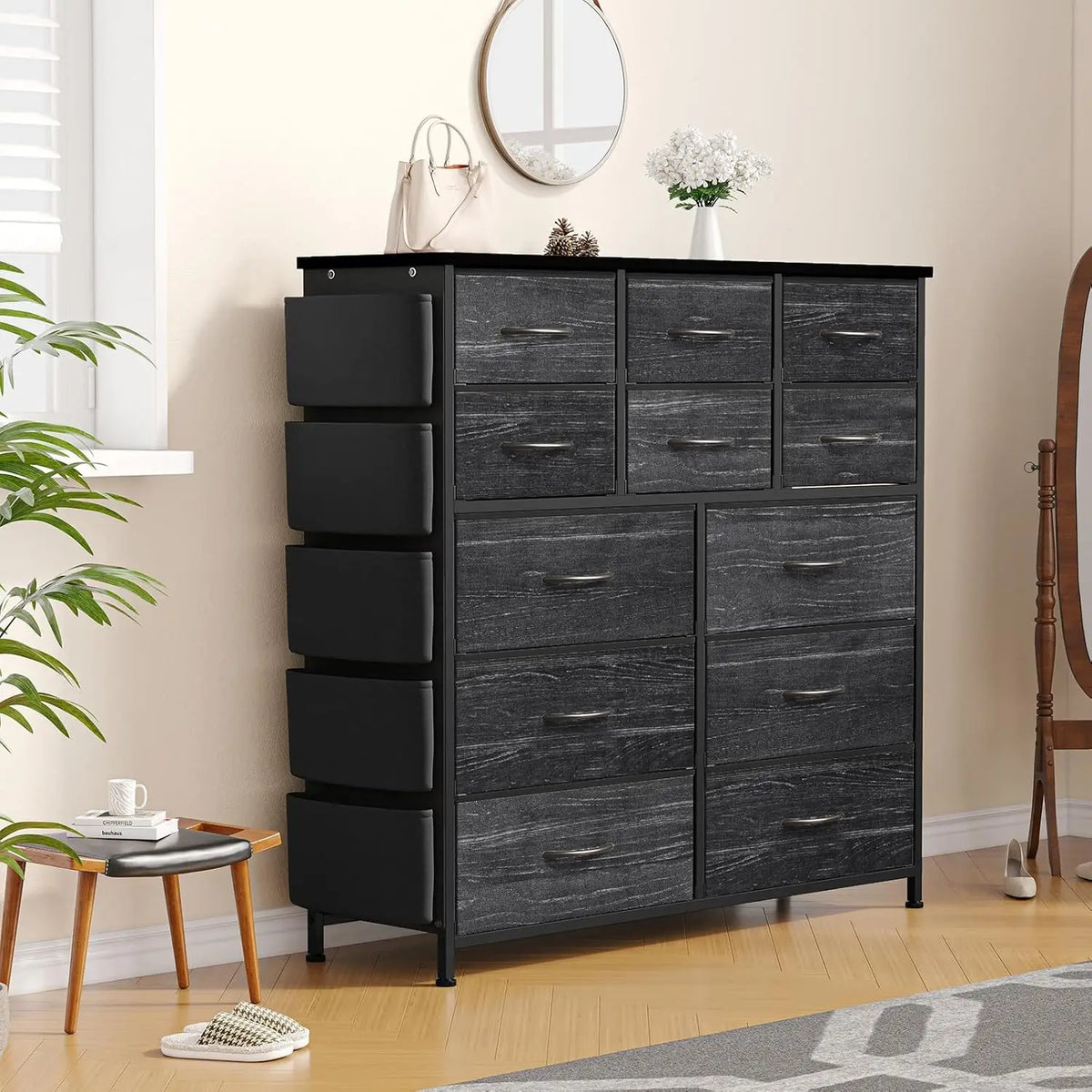 Fabric Drawer Dresser With Side Pockets And Hooks For Storage