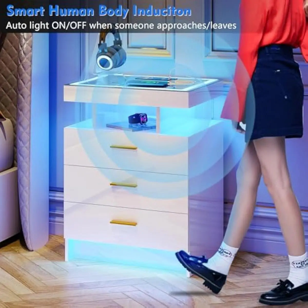 2-piece LED-equipped bedside tables featuring touchless motion-sensing illumination, triple-color adjustable lighting, tempered