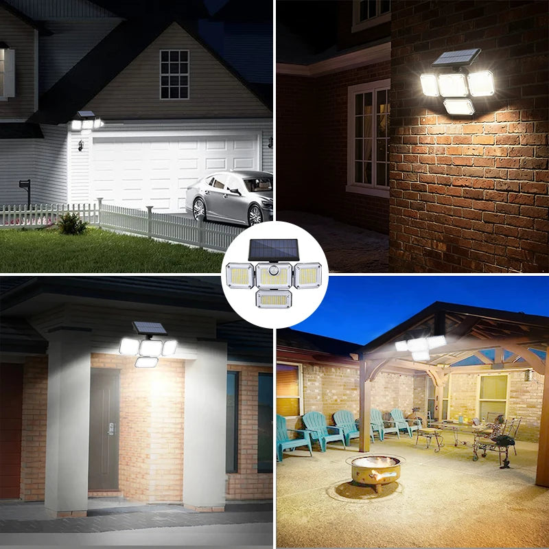 5000LM Outdoor Motion Sensor Lamp 333 LED IP65 Waterproof 4-Head Solar Power Light Flood Lights 270° Lighting Range Outdoor Indoor Solar Garden Lamp With Adjustable Head Wide Lighting
