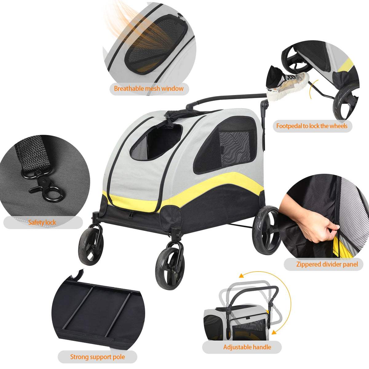 Folding Double Dog Stroller With Zipper Divider And Travel Wheels