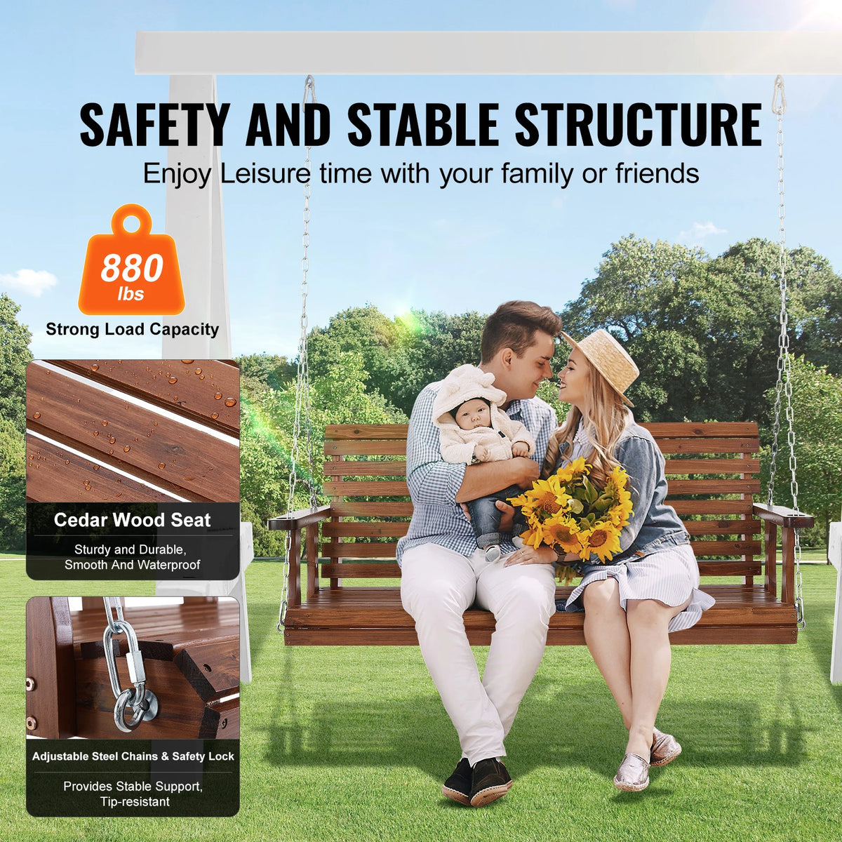 SucceBuy Wooden Porch Swing With Steel Chains For Outdoor Gardens