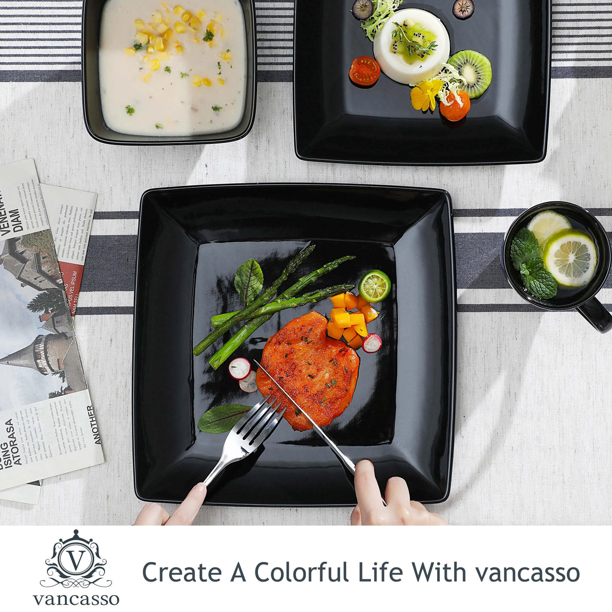 MALACASA Porcelain Square Dinnerware Set With Plates Bowls And Mugs