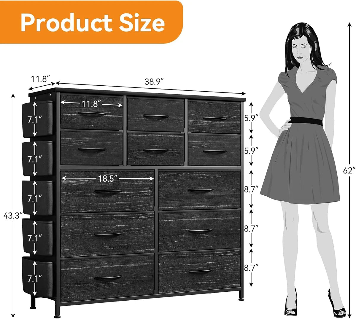 Fabric Drawer Dresser With Side Pockets And Hooks For Storage