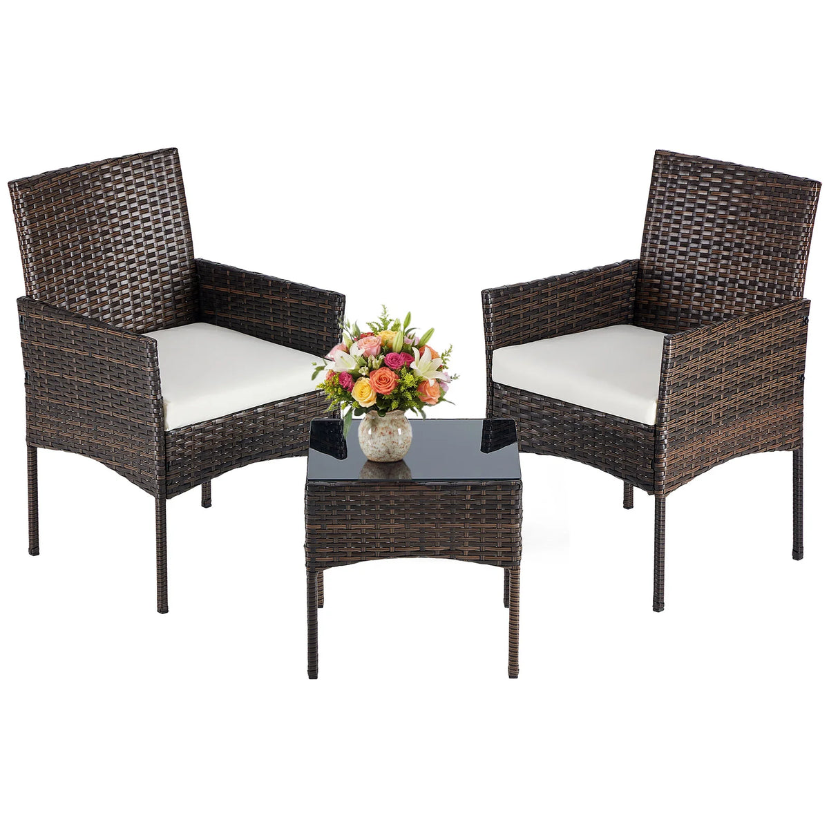 JHK Outdoor Wicker Bistro Set With Cushions And Glass Table