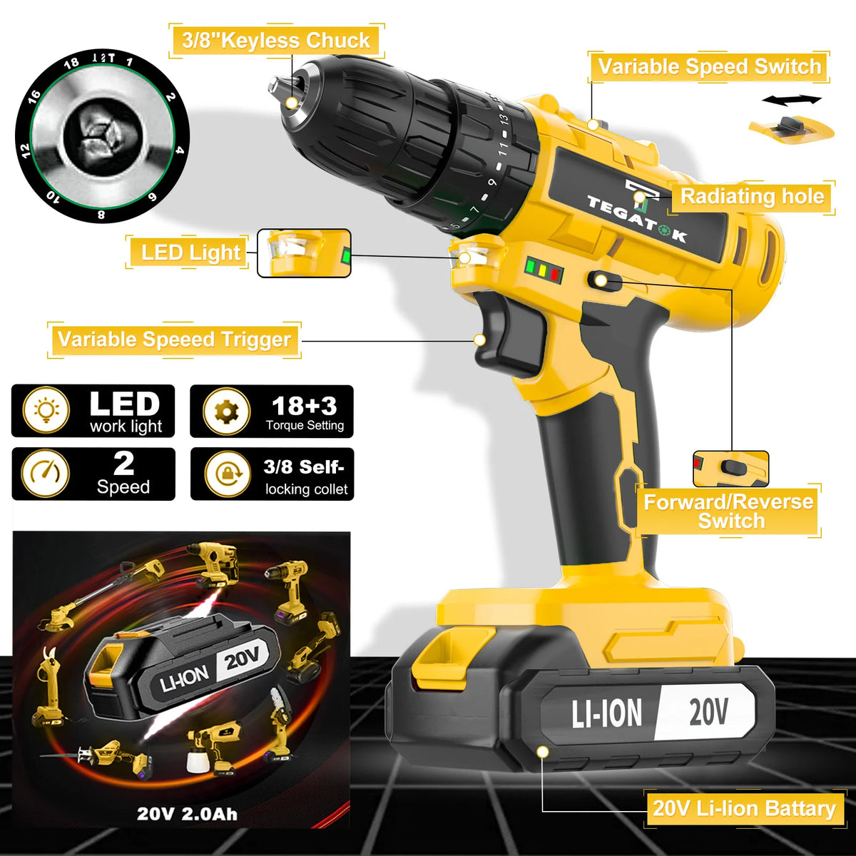 TEGATOK 45Nm Cordless Impact Drill With LED Two Speed Control