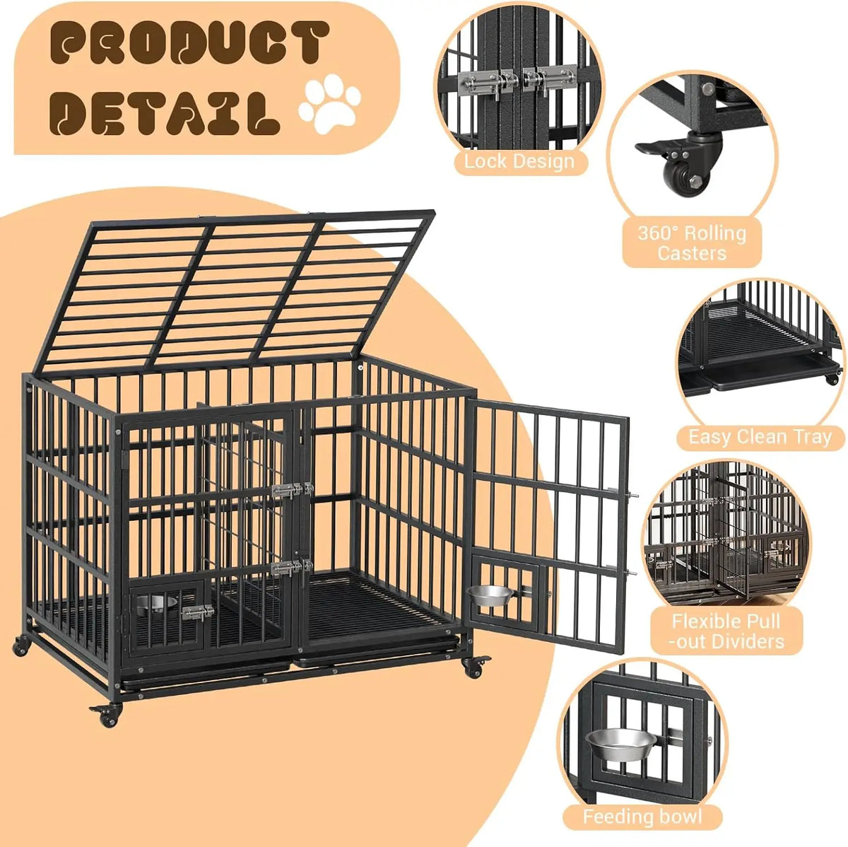 ANIXOL Heavy Duty Metal Dog Crate With Lockable Wheels