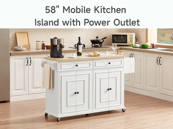 Mobile Kitchen Island Cart With Drop Leaf Power Outlet Storage