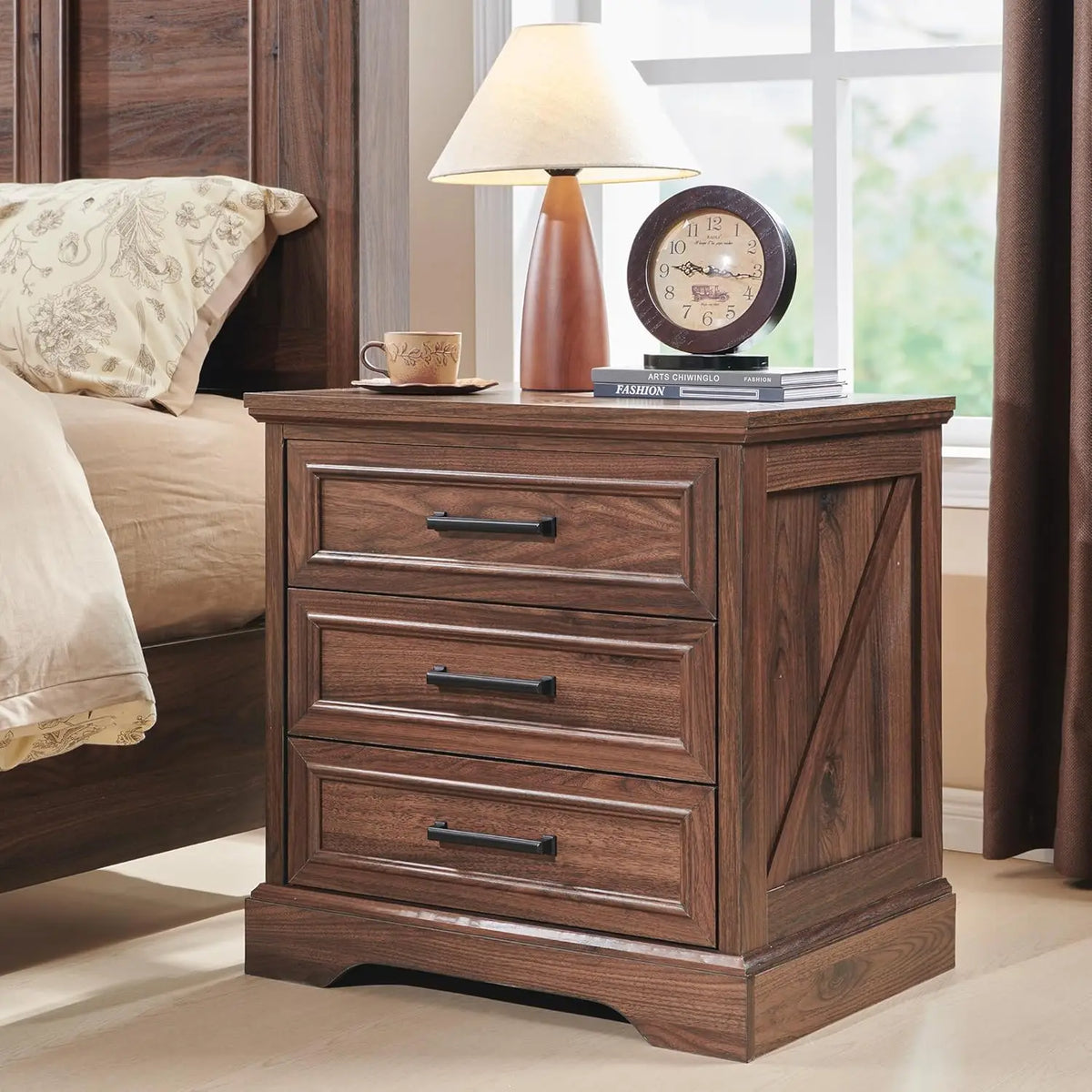 ACCOHOHO Farmhouse Nightstand With Charging Station And Storage Drawers