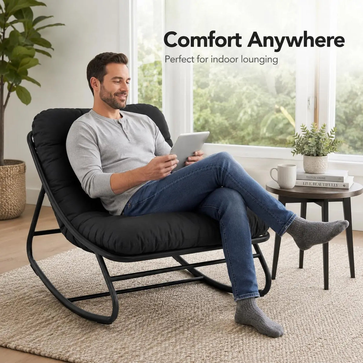 HiMISS Outdoor Metal Rocking Chair With Waterproof Cushion