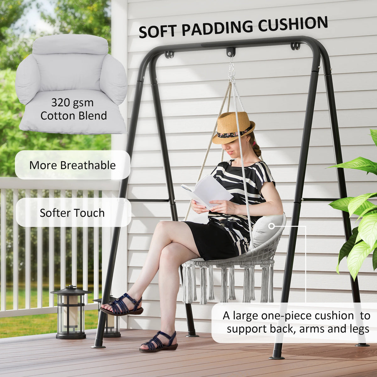 Outsunny Macrame Hanging Hammock Chair With Plush Cushion