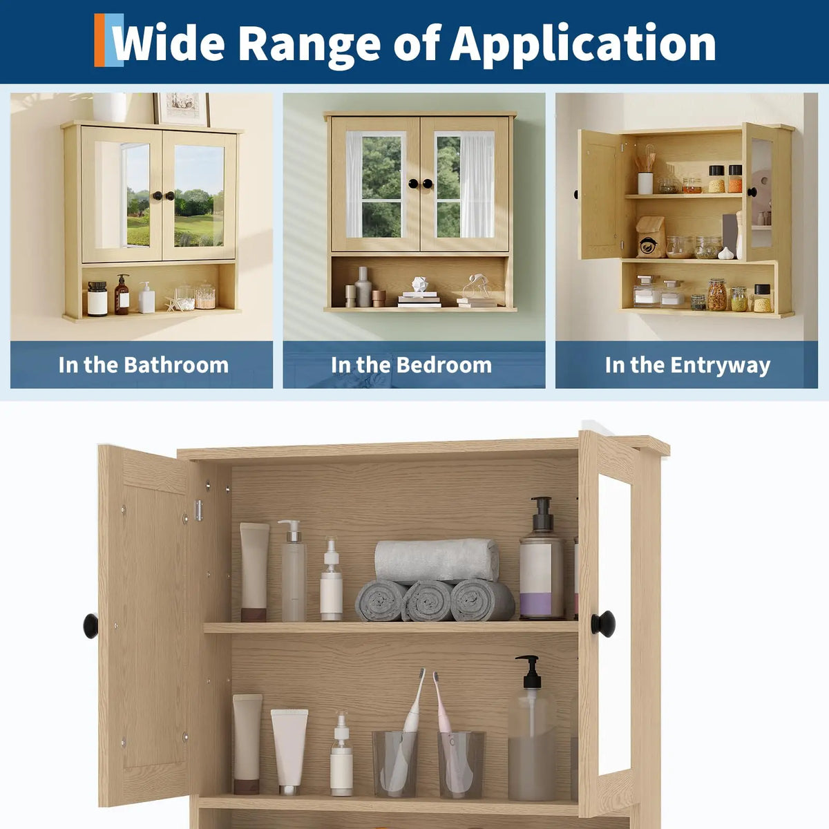 HiMISS Wall Mounted Bathroom Cabinet With Mirrored Doors
