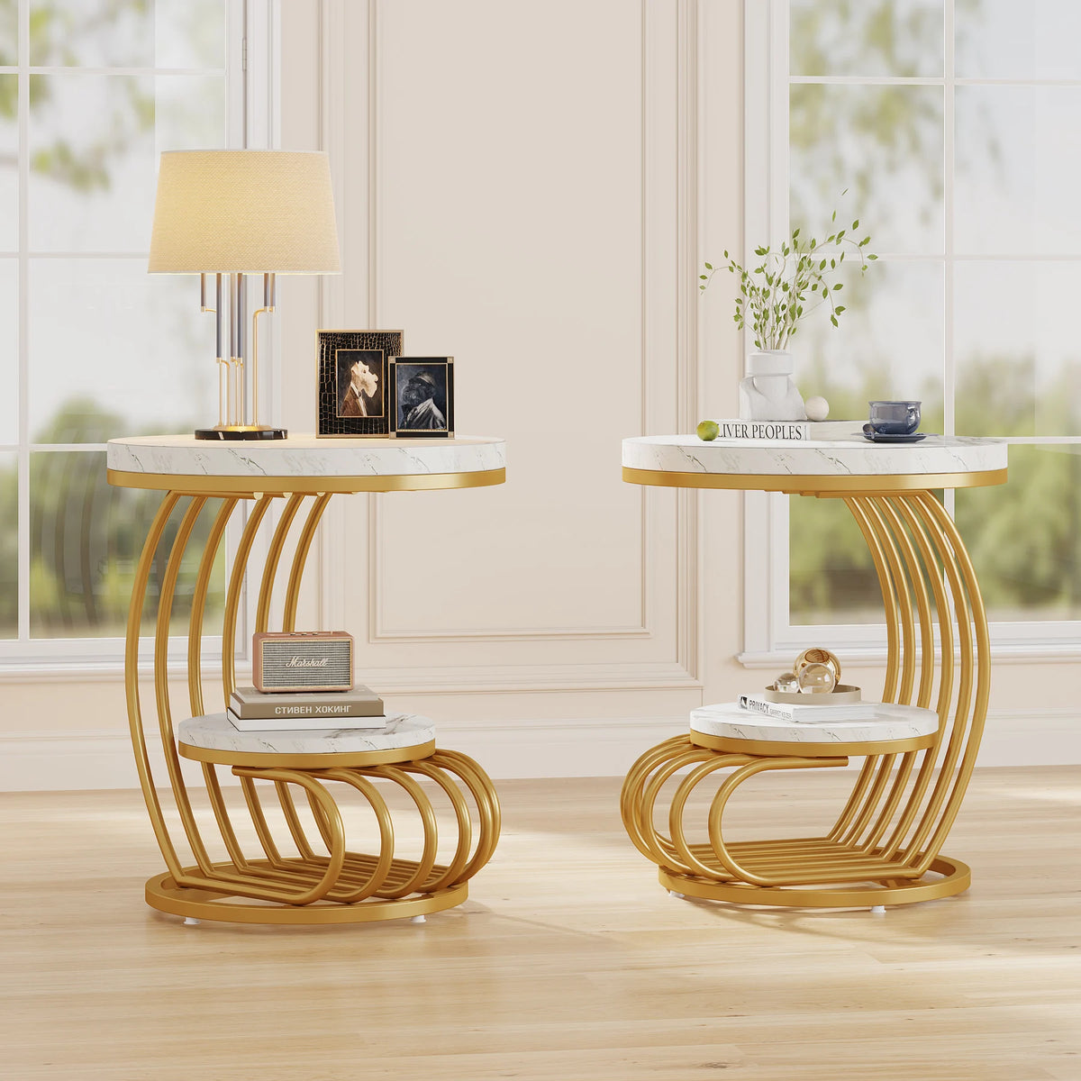 Tribesigns Two Tier Faux Marble Side Table With Storage Shelf