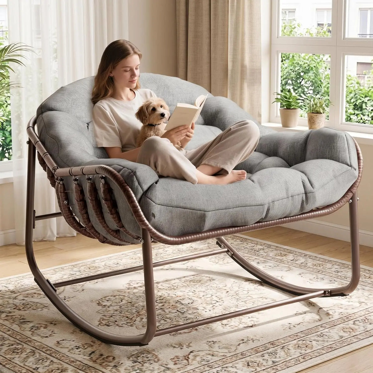 HiMISS Outdoor Papasan Egg Rocking Chair With UV Resistant Cushion